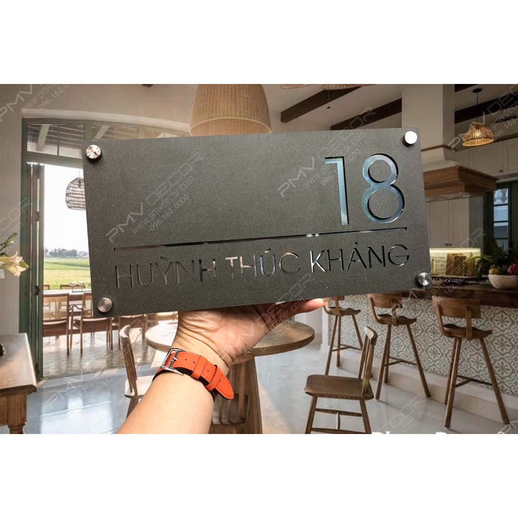 BẢNG, BIỂN SỐ NHÀ. Alcorest gương trắng + mica cán ghi sần, số chìm, ngoài trời, sang trọng tinh tế. BSN-PMV230