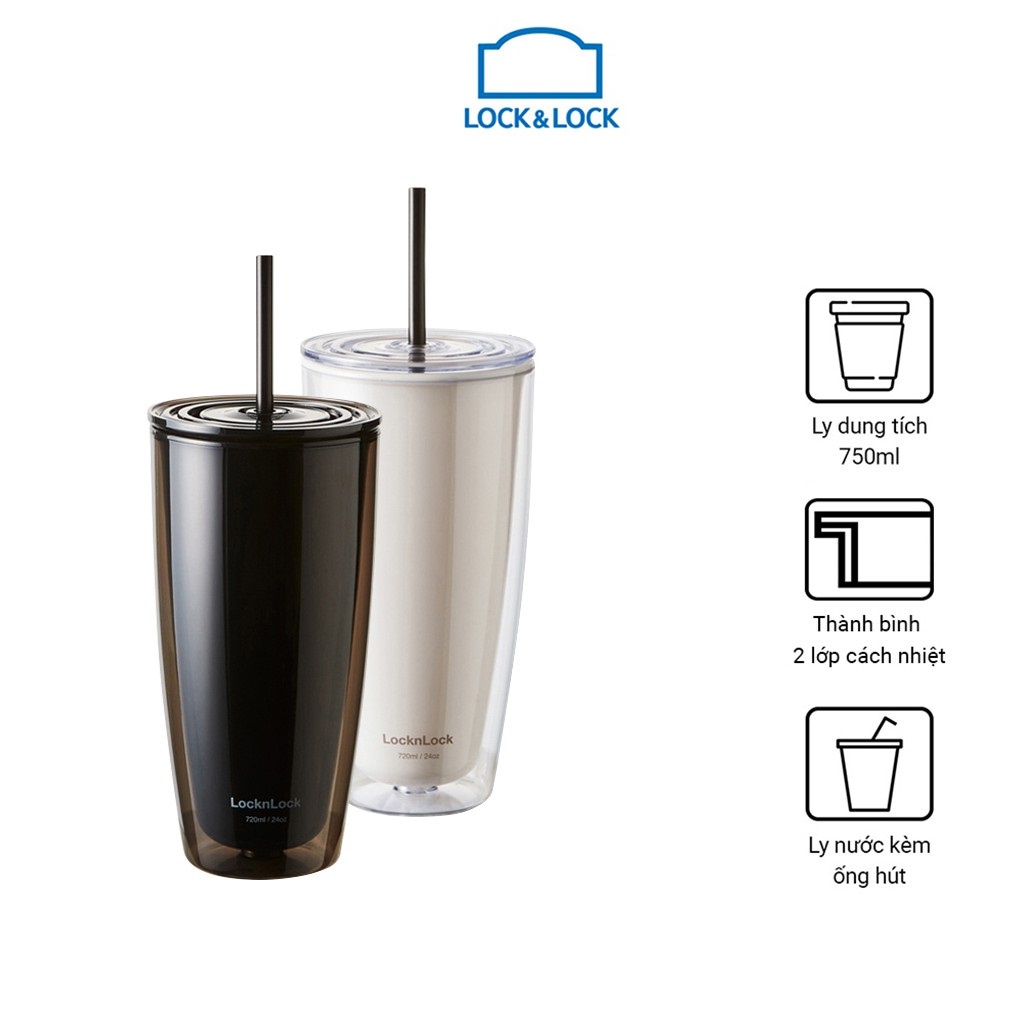 Ly nhựa 2 lớp Lock&Lock kèm ống hút 750ml HAP507 - Màu đen