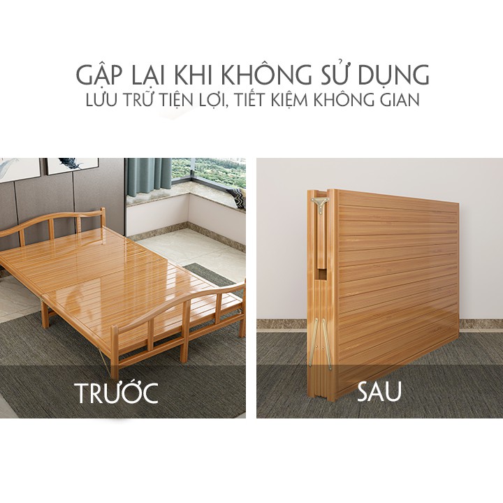 Giường tre gấp gọn 190x150cm màu gỗ, giường nằm ngủ đa năng nằm thư giãn