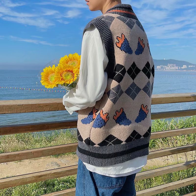 Áo Len From Rộng Thời Trang Nam Len Sọc Áo Cardigan Nâu Áo Sweater Dệt Kim Sát Nách Kiểu Nhật Hàn Cá Tính Cho Nam