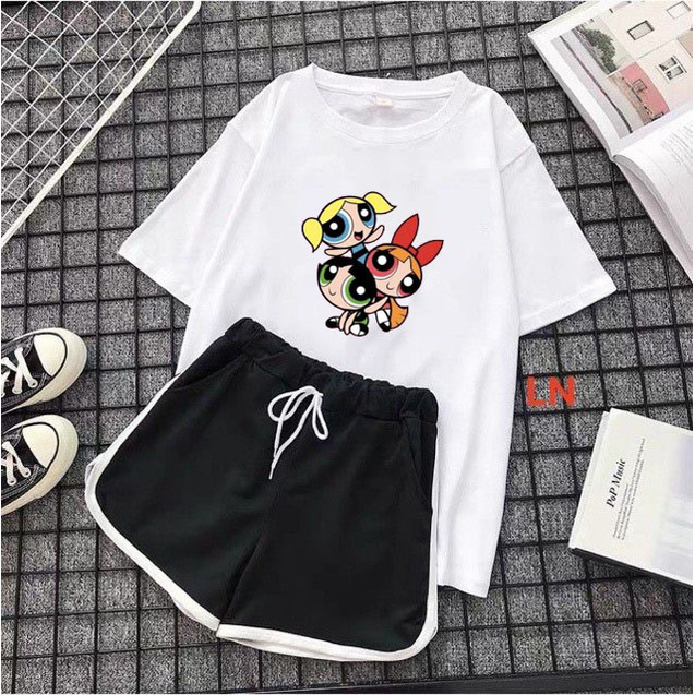 Sét Bộ Đồ Quần Áo Nam Nữ Ngắn Tay Ulzzang Mặc Nhà Siêu Xinh, Áo Phông Cotton Mát Mịn In 3D Hình 3 Cô Gái Siêu Nhân