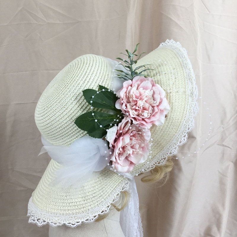 Mũ đan cói chống nắng có thể gập lại đính hoa lá làm đạo cụ dự tiệc cho nữ