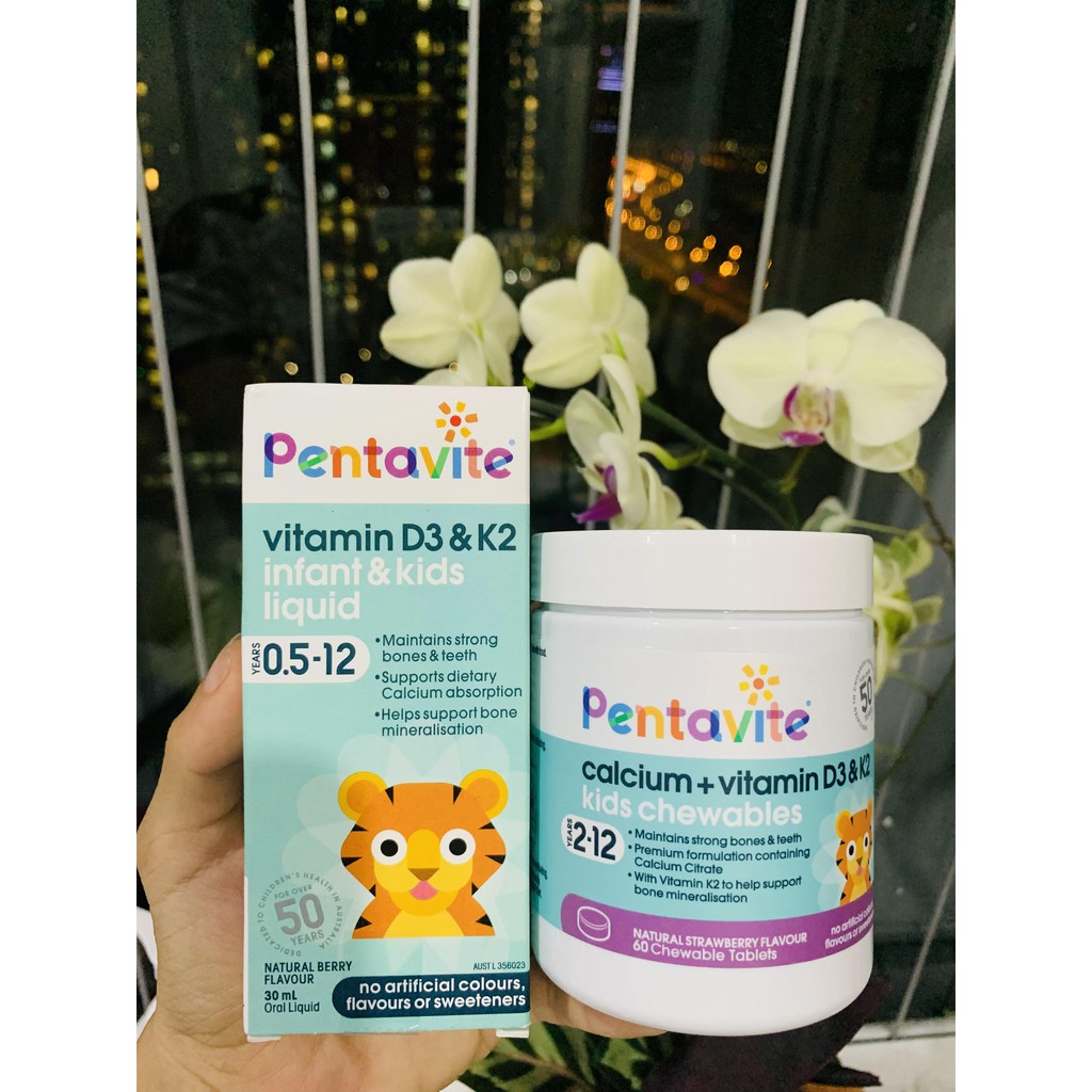 Pentavite Calcium + Vitamin D3 &amp; K2 Bổ sung D3- K2 cho trẻ em Dạng lỏng 30ml và hộp viên nhai 60v [Bay Air, chuẩn Úc]