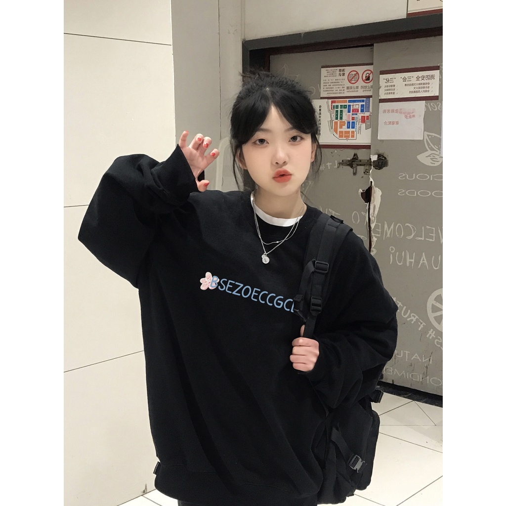 Áo sweater SELVZE tay dài cổ tròn dáng rộng phong cách cổ điển Mỹ thời trang cho nữ