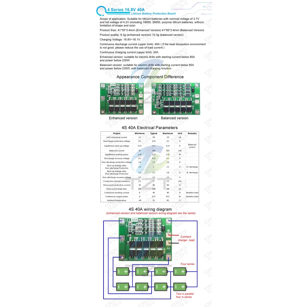 Bảng mạch cân bằng bảo vệ pin lithium 3S/4S 40A 60A 18650 BMS 11.1V 12.6V/14.8V16.8V BM02