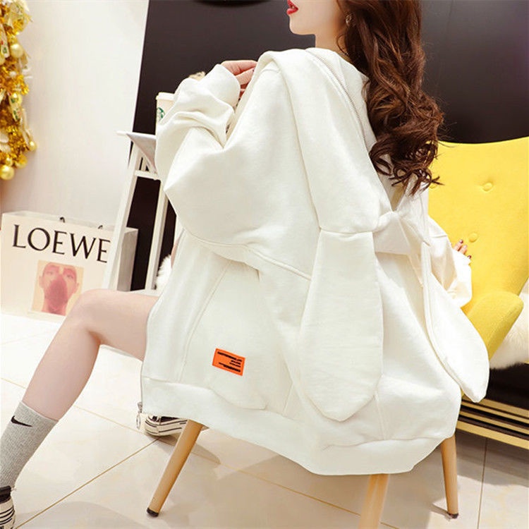 Áo khoác cardigan có mũ trùm tai thỏ thời trang mùa thu hàng mới Hàn Quốc 2021 dành cho bạn nữ