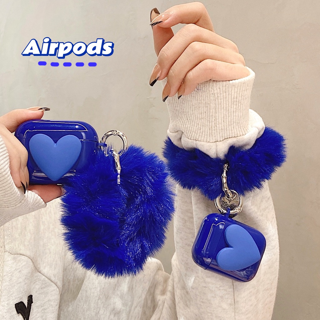 Vỏ bọc TPU mềm bảo vệ hộp sạc tai nghe bluetooth Airpods 1/2 pro gắn móc khóa hình trái tim phối bóng lông dễ thương