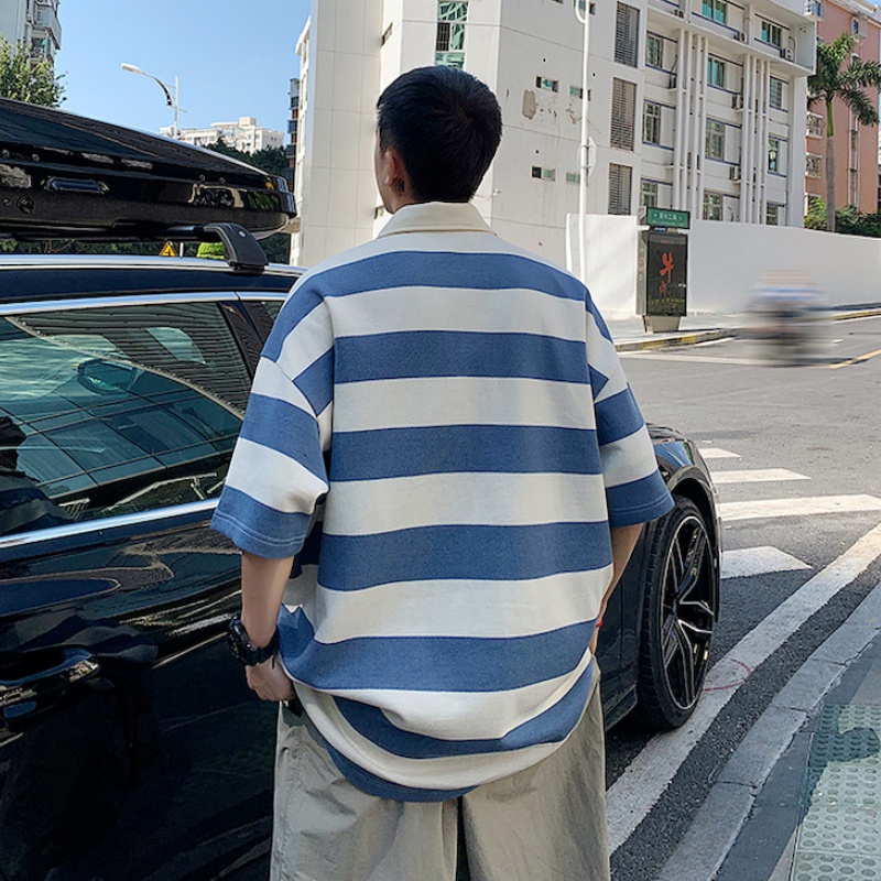 Áo polo Ngắn Tay Form Rộng Họa Tiết Kẻ Sọc Màu Sắc Tương Phản Thời Trang Mùa Hè Dành Cho Nam