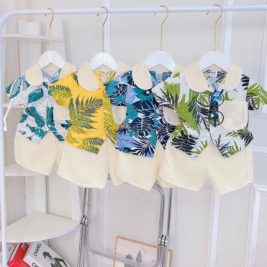 Bộ Quần Áo Trẻ Em Cộc Tay Đi Biển In Hình Hoa Lá Vải Kate Dễ Thương Cho Bé Từ 8-18kg Mã CT36