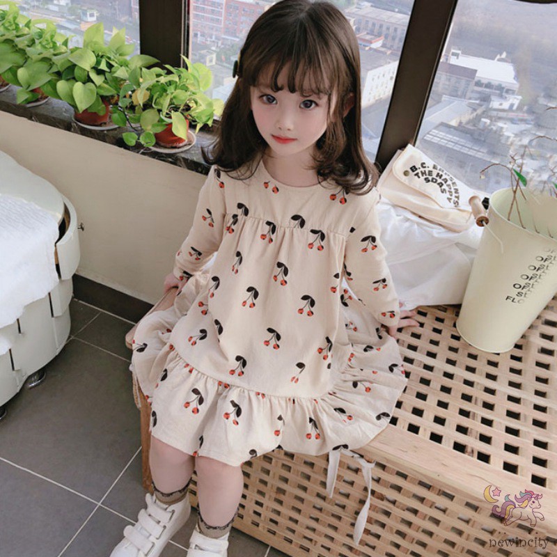 Đầm bé gái tay dài in trái cherry xinh xắn phong cách Hàn Quốc