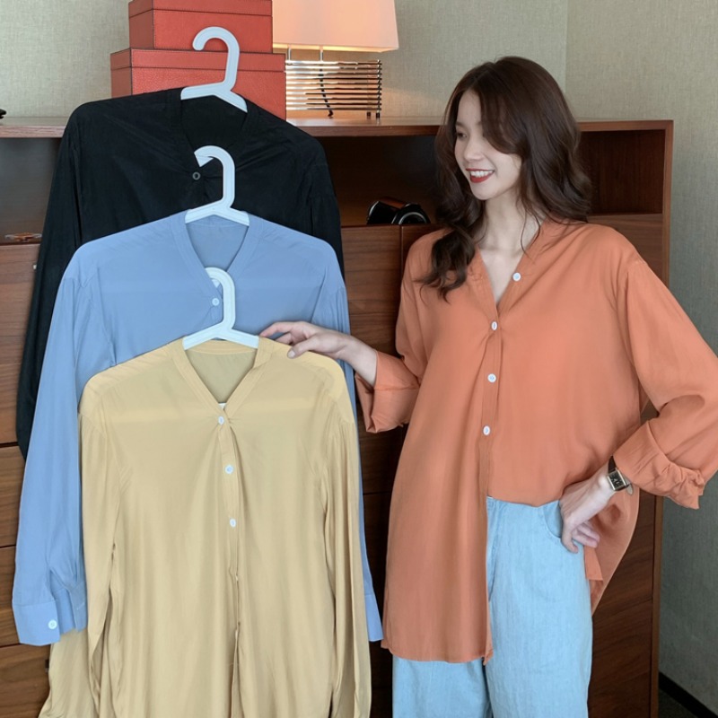 Áo Sơ Mi Dài Tay 171210Áo Sơ Mi Nữ Tay Dài Cổ Chữ V Màu Sắc Thanh Lịch