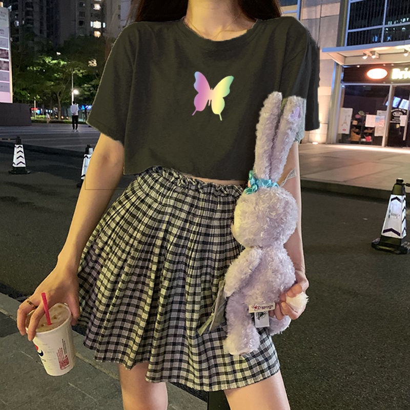 Set Áo Thun Ngắn Tay + Chân Váy Lưng Cao Họa Tiết Sọc Caro Thời Trang Mùa Hè