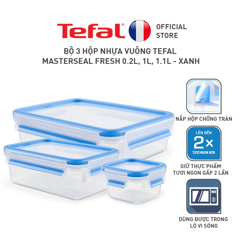 [GIFT] Bộ 3 hộp nhựa vuông Tefal Masterseal Fresh 0.2L, 1L, 1.1L - xanh