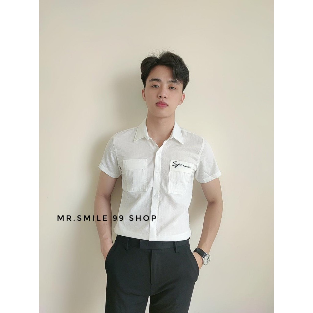 SƠ MI BASIC ĐŨI TRẮNG ĐEN TAY NGẮN THÊU CHỮ MR SMILE 99 SHOP