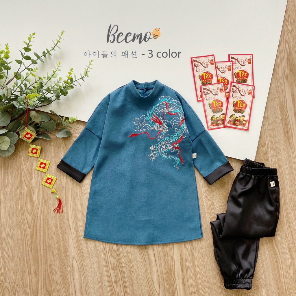 Bộ set áo dài Beemo chất liệu nhung chéo mềm mịn thêu hình rồng kèm quần lụa bóng đen - 21D071