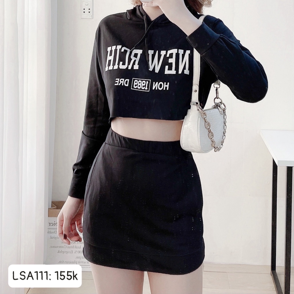 Set thun áo crop nón kèm chân váy LSA111 CHIBEST