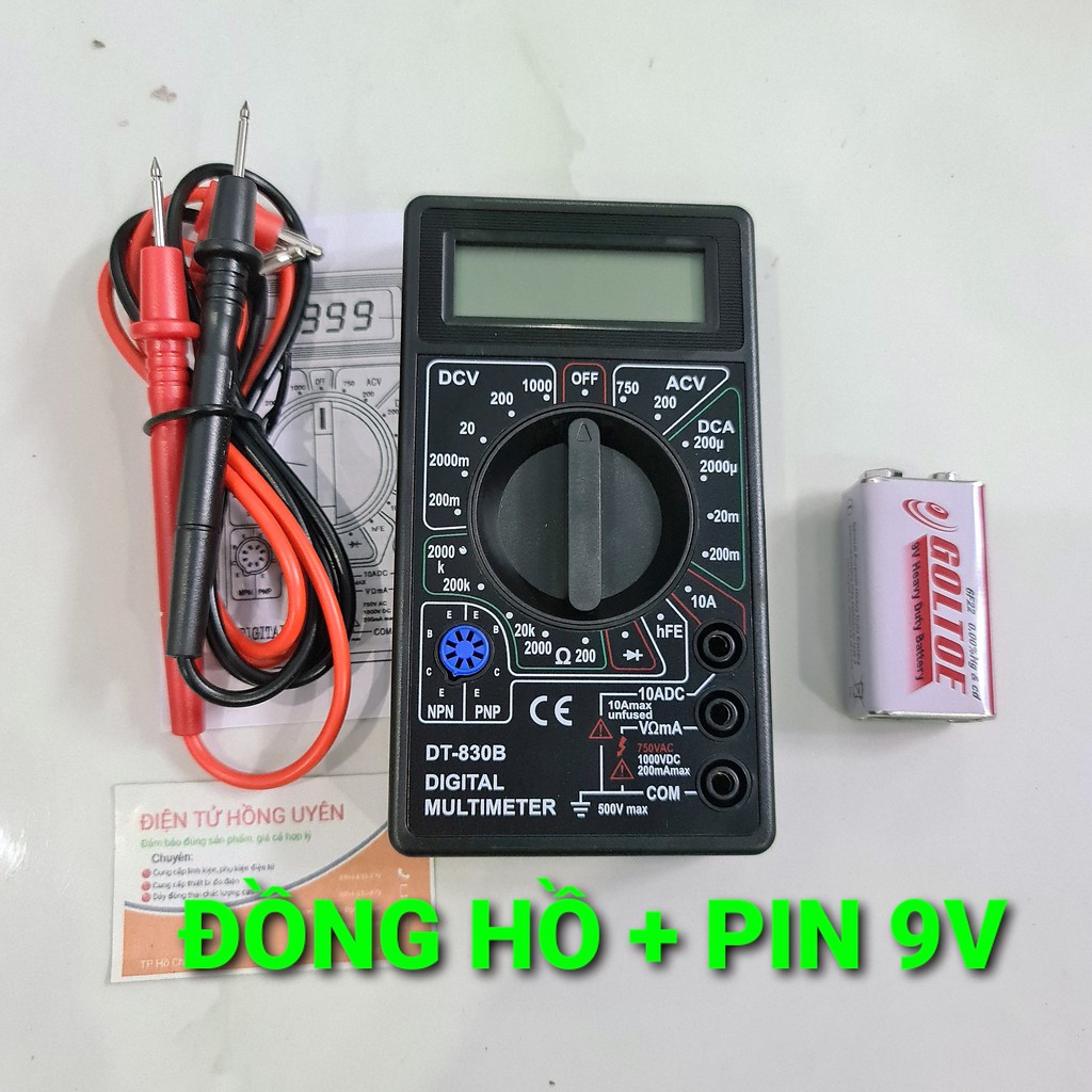 Đồng hồ điện tử (Tặng kèm pin sạc 9V). Đồng hồ vạn năng DT830B đo điện nhiều chức năng