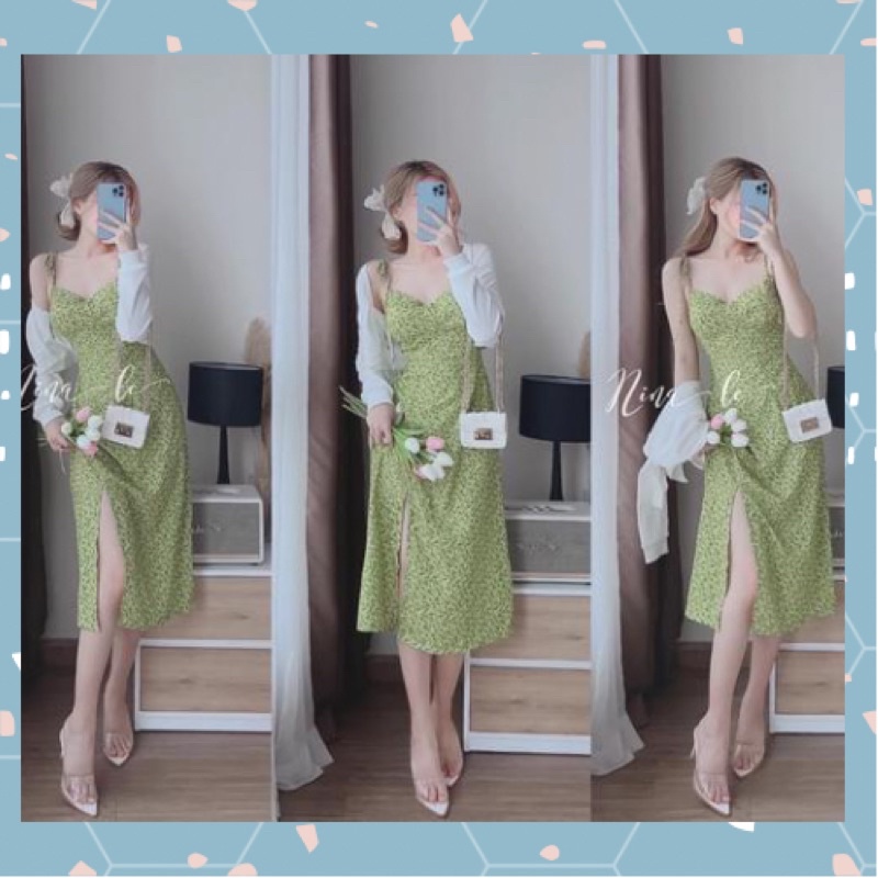 Set Áo Khoác Trắng Phối Váy 2 Dây Hoa Nhí
