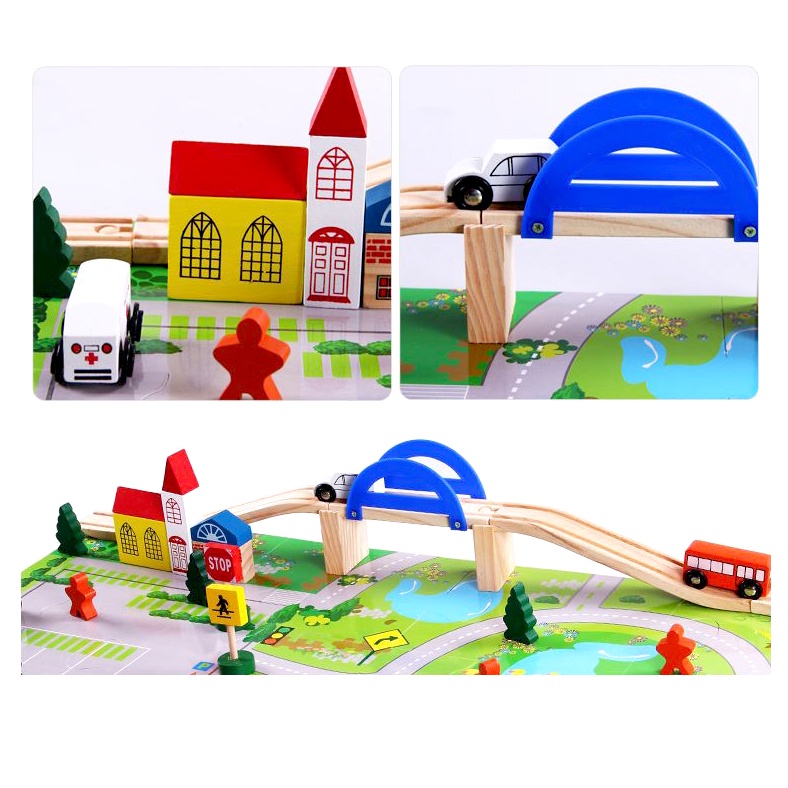 Mô hình đồ chơi BeThongMinh đường giao thông bằng gỗ nhiều chi tiết đường ray cầu vượt kèm ô tô cho bé