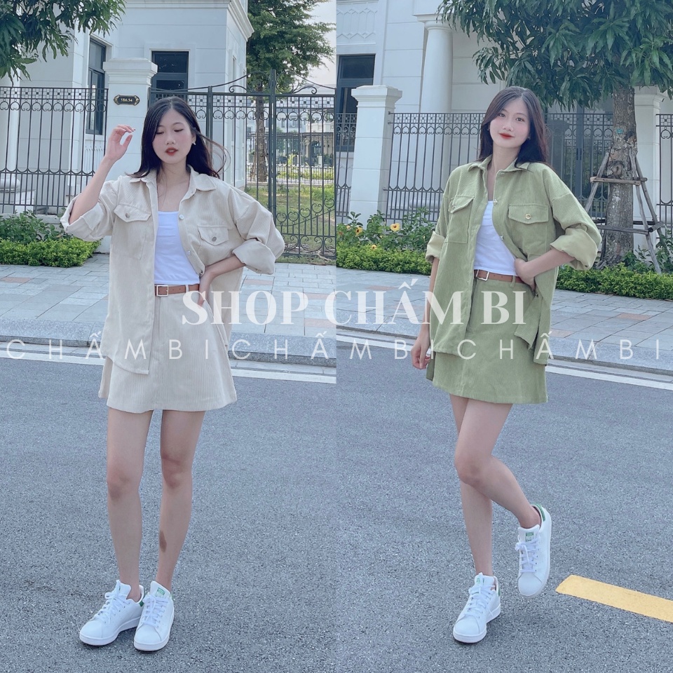Set đồ nữ đi chơi S.099, Set áo khoác sơ mi form rộng cùng chân váy kèm đai đơn giản năng động - Thời trang nữ Chấm Bi