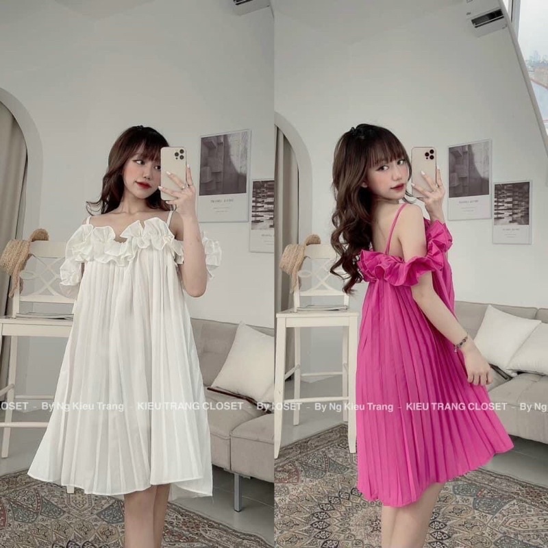 Đầm dập ly hai dây bẹt vai viền bèo chất lụa bầu bí bon chen cực xinh + Ảnh thật | BigBuy360 - bigbuy360.vn