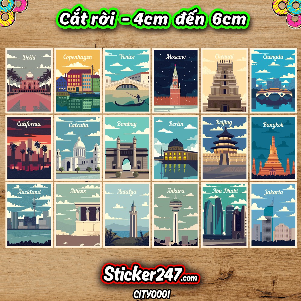 Sticker thành phố, địa danh trên thế giới Retro Vintage  𝑭𝒓𝒆𝒆𝒔𝒉𝒊𝒑 chống nước, sticker dán laptop, đàn - TRA06