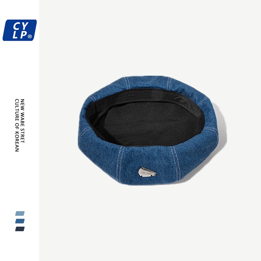 Mũ Beret Denim Phối Nhãn Kim Loại Thời Trang Thu Đông Hàn Quốc Cho Nam Và Nữ