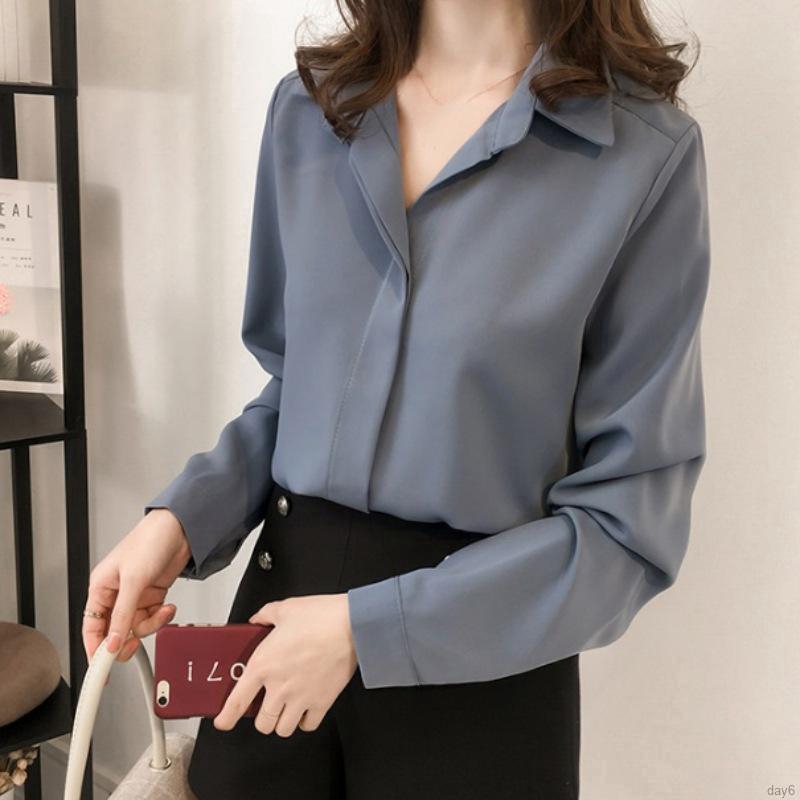Áo chiffon nữ tay dài cổ chữ V thời trang Hàn Quốc