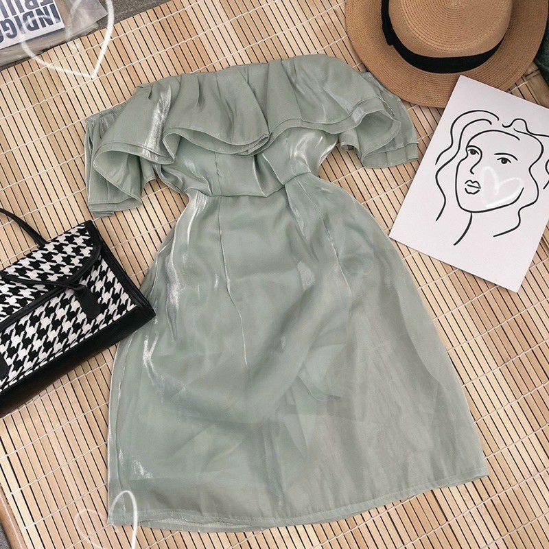 Đầm trễ vai xanh mint