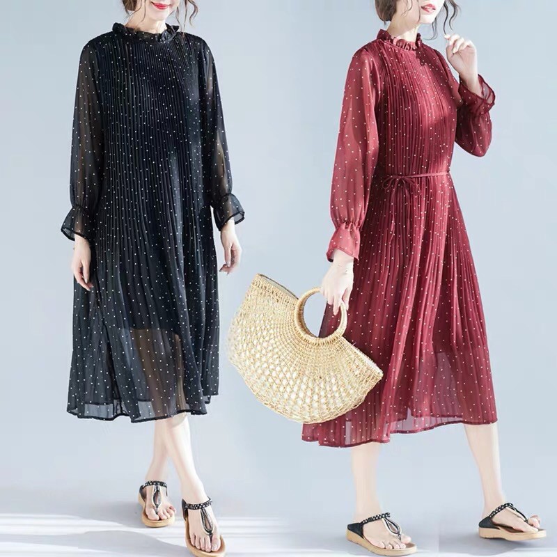 taobao 💕 ĐẦM TAY DÀI BI ĐEN BÈO CỔ DÀI QUA GỐI