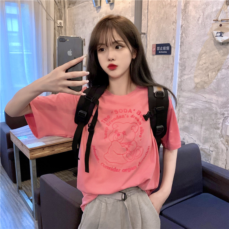 Áo thun ngắn tay dáng rộng in hình gấu thiết kế thời trang cá tính cho nữ
