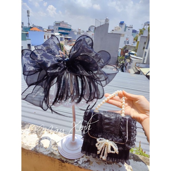 Cài tóc vương miệng voan bèo xinh bản đen phồng cho bé