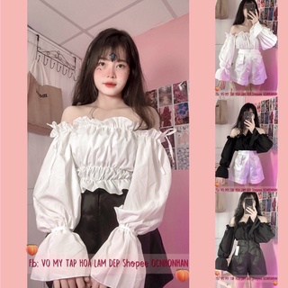 Set áo bẹt vai tay cột nơ + quần short