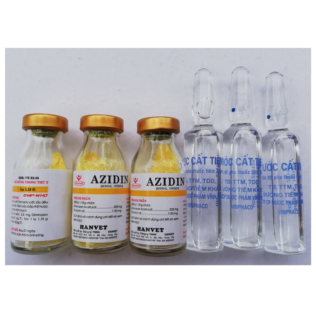 5 lọ Azidin 1,18g và 4 ống nước cất 10ml Dùng cho trâu, bò, ngựa, chó, mèo