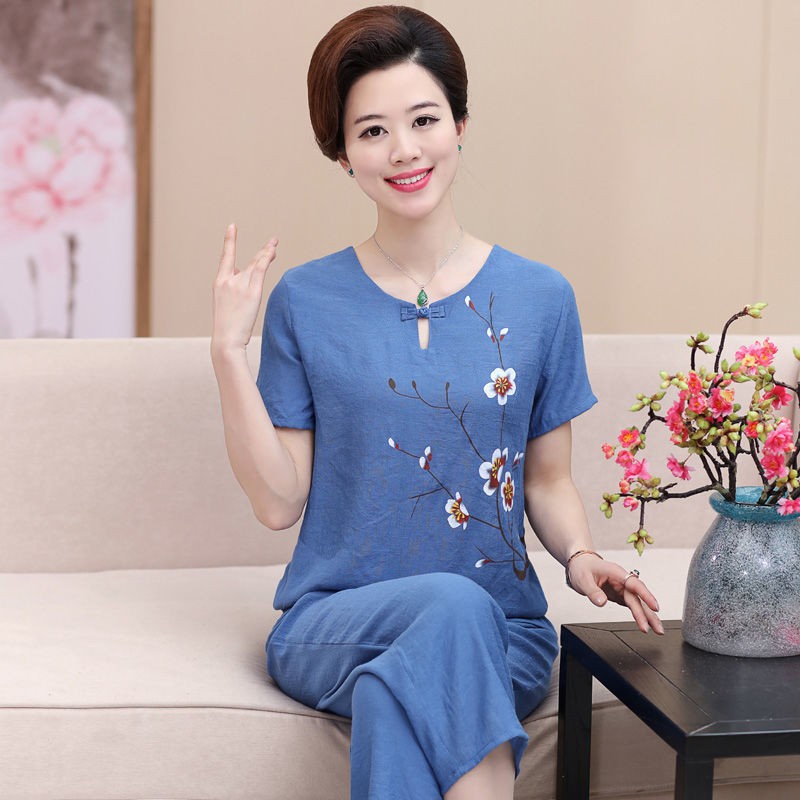 bộ đồ ngủ dành cho người trung niên và cao tuổi vải lanh cotton bà mẹ ngắn tay của phụ nữ lụa mỏng phục vụ tại nhà