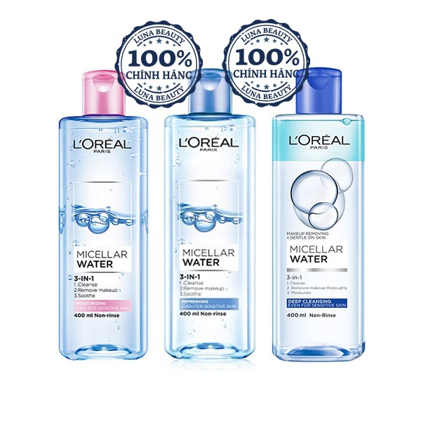 💦Nước Tẩy Trang L'oreal 3in1 Micellar Water 2 SIZE 400mL-95mL -TẶNG KÈM 1 TUÝP KEM NỀN FITME MAYBELINE NEWYORK MINISIZE💦