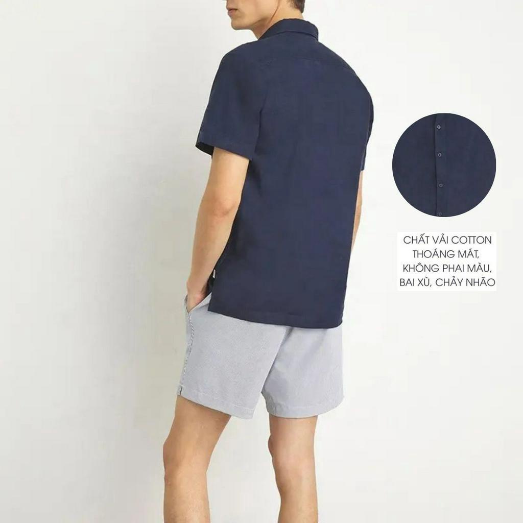 Áo Sơ Mi Nam Ngắn Tay Công Sở, Chất Vải Lanh Thoáng Mát Trơn Màu Tím Than