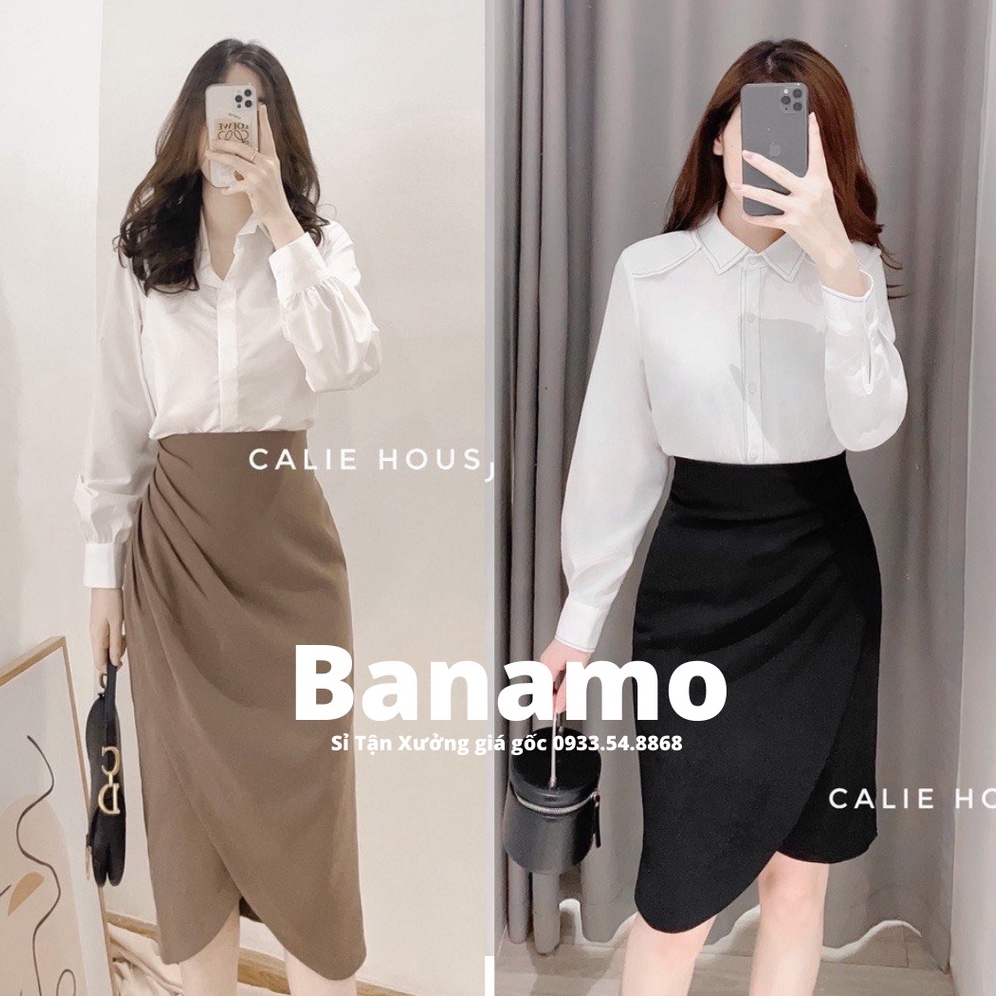 Chân váy vạt lệch xếp ly eo dáng dài thời trang Banamo Fashion chân váy nhún eo 533