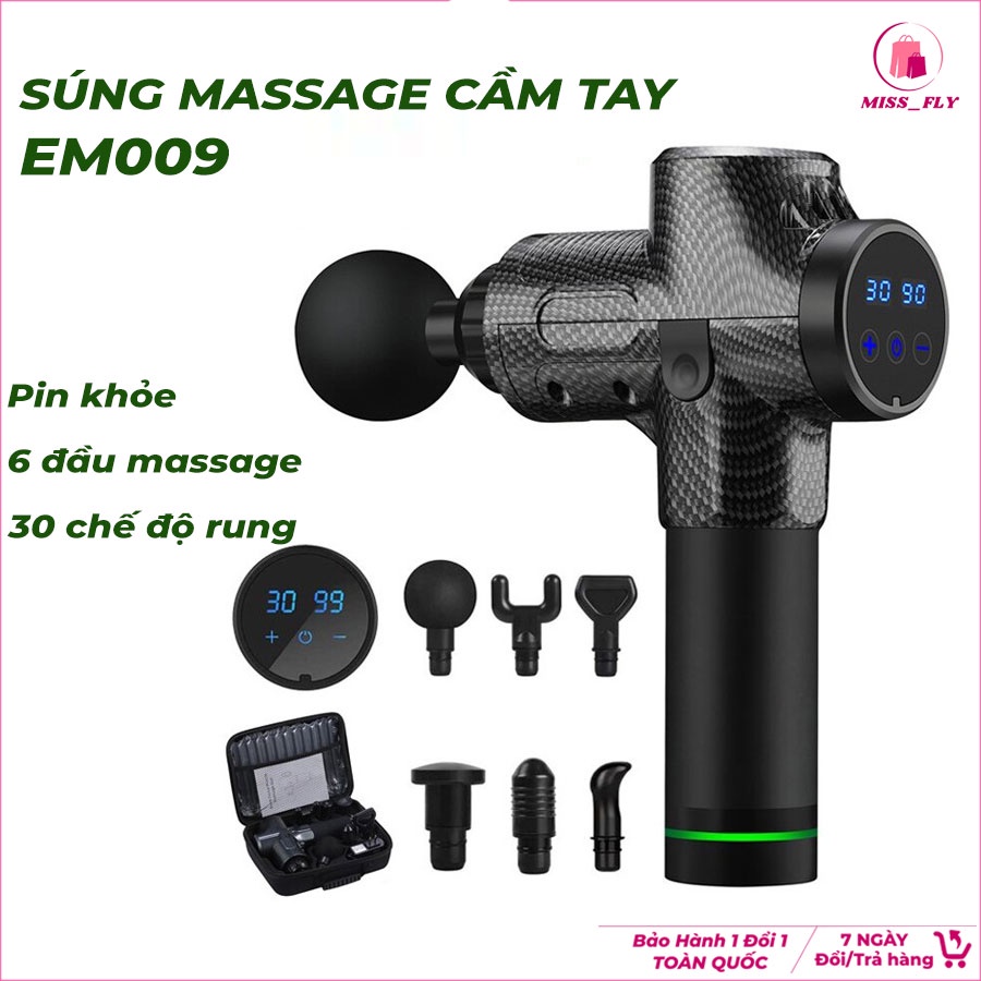 Súng Massage Cầm Tay 6 Đầu Trị Liệu, 30 Chế Độ Rung - Màn LCD, Phím Điều Chỉnh Cảm Ứng Bảo Hành Chính Hãng