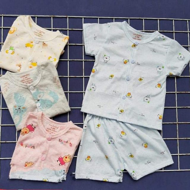 Bộ cộc tay Noubaby hình in ngực cotton loang mát mẻ 0-18m