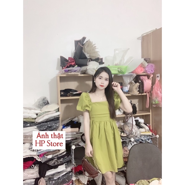 Váy thô cổ vuông tay bồng hở lưng nơ lưng form baby doll siêu đẹp