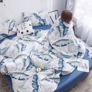 BỘ GA GIƯỜNG 100% COTTON HÀN QUỐC LÁ TRẮNG XANH (1M2 TỚI 1M8)
