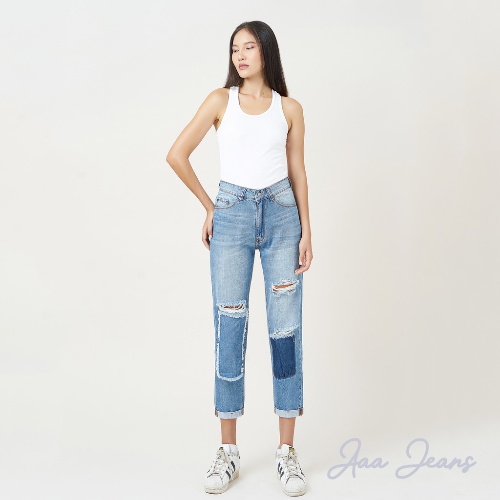 Quần Jean Nữ Rách Bụi Aaa Jeans Lưng Cao Boyfriend Xanh Nhạt