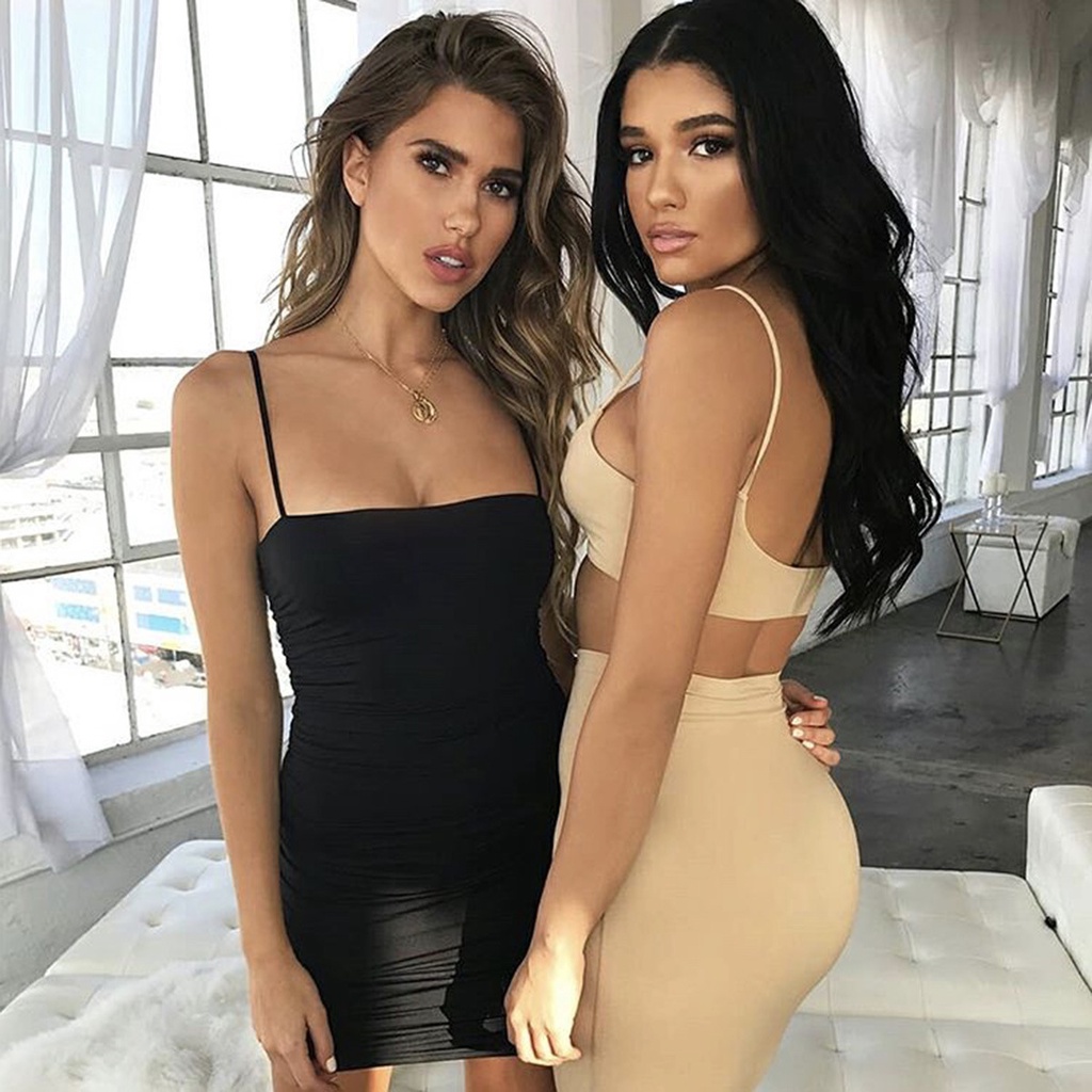 DUNEA Đầm Hai Dây Ôm Dáng Màu Trơn Phối Bèo Quyến Rũ Cho Nữ