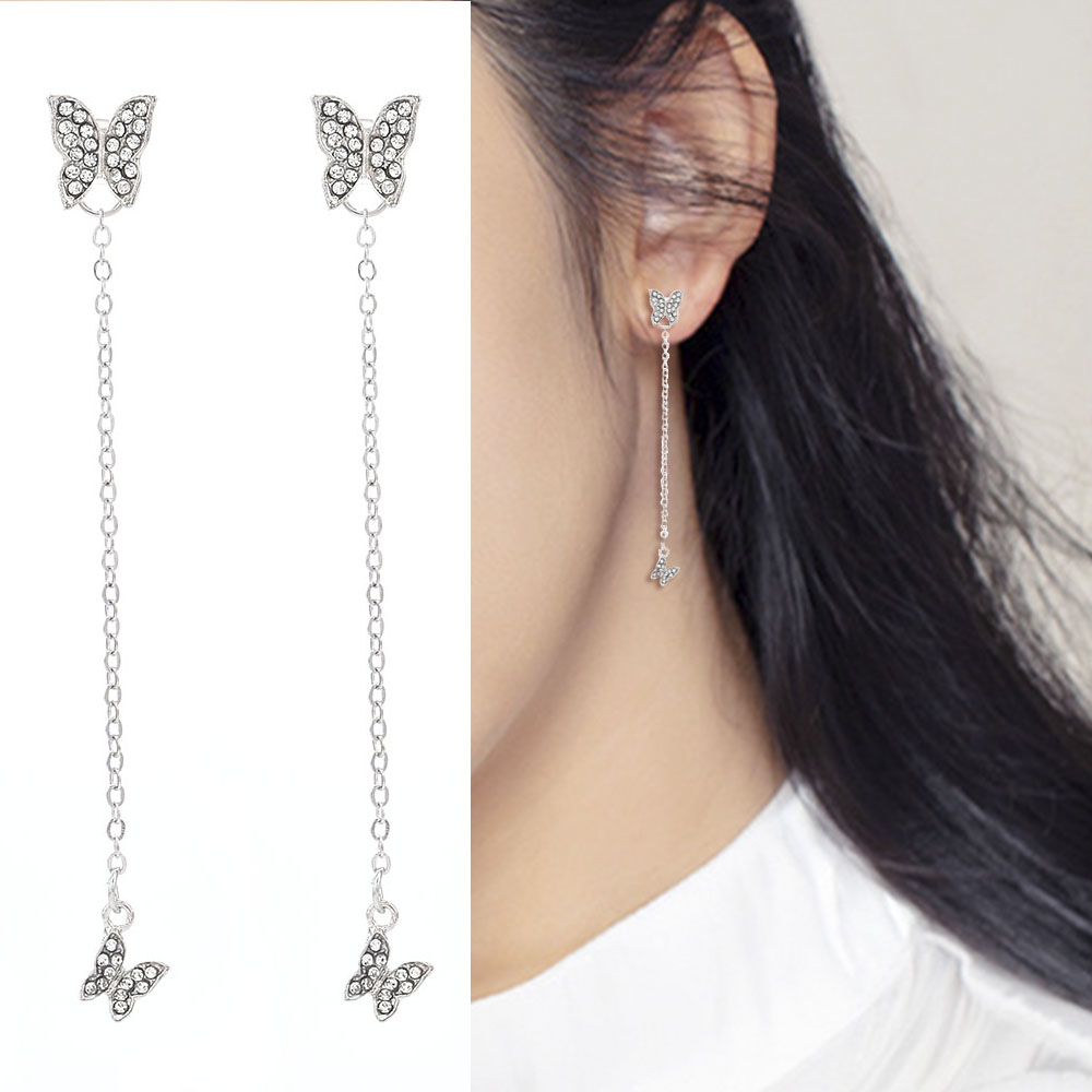 Bông tai dài mặt hình bướm đính đá đơn giản thời trang cho nữ