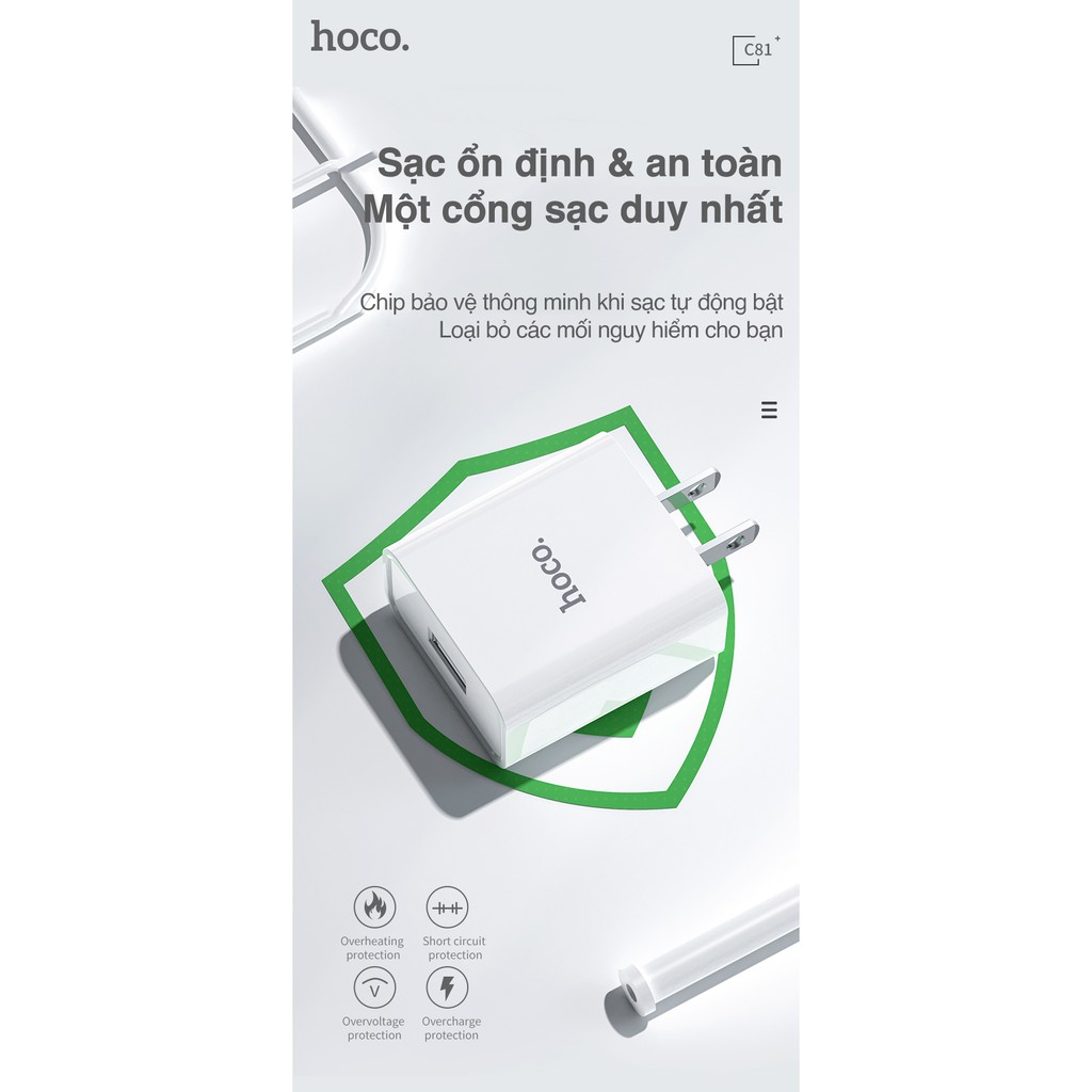 Củ sạc Hoco C81 sạc nhanh 2.1A 1 cổng sạc USB chất liệu PVC an toàn dành cho iPhone Samsung Huawei Xiaomi Oppo