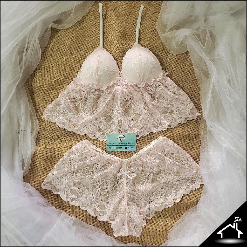 Bộ đồ ngủ sexy by Nhà Sò ren chiếc lá hồng lợt DN15