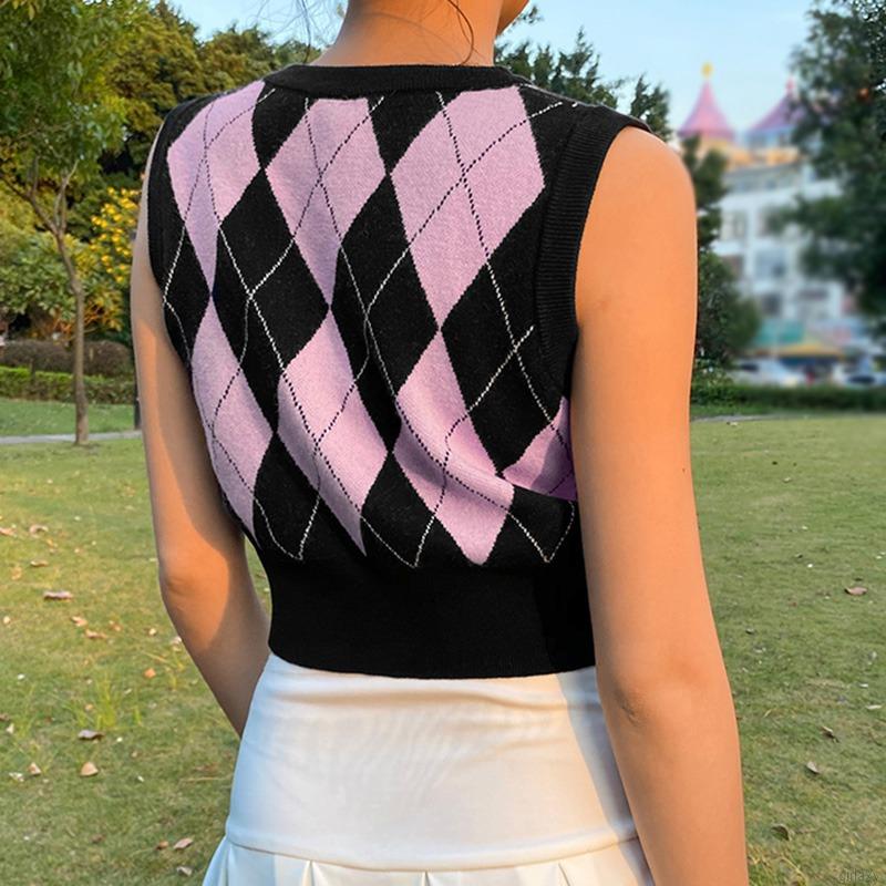 Áo không tay dệt kim cổ chữ v màu tương phản phong cách retro cổ điển Hàn Quốc