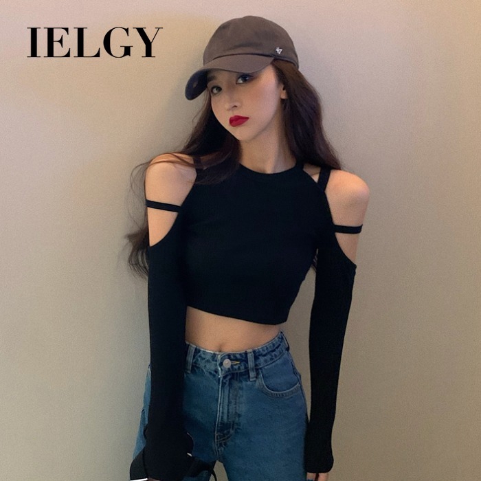 Áo thun IELGY tay dài hở vai phong cách retro tùy chọn màu sắc dành cho nữ