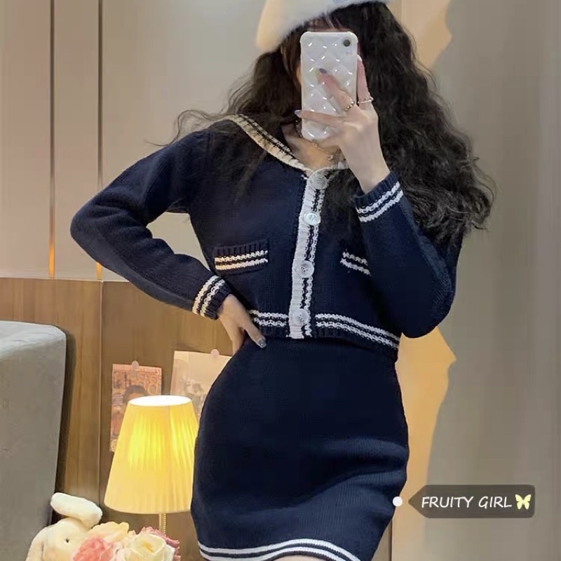 SET ÁO VÁY LEN XANH NAVY THUỶ THỦ